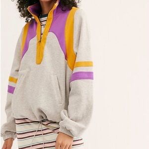 Free People FP Movement Color Me Rad Colorblock Grey Purple Yellow Sweatshirt XS
